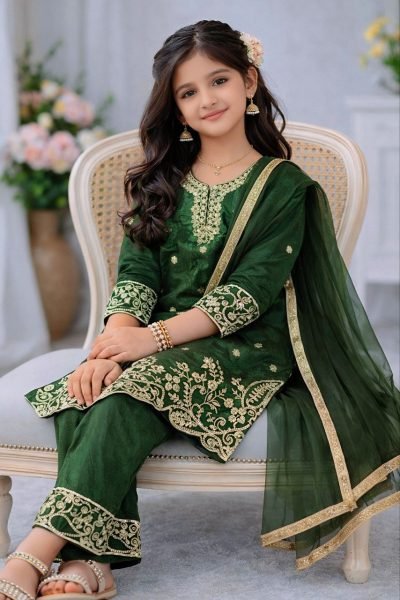 Effortless Green Latest Kids Ethnic Wear Collection for Eid and Festivals Girls Wear