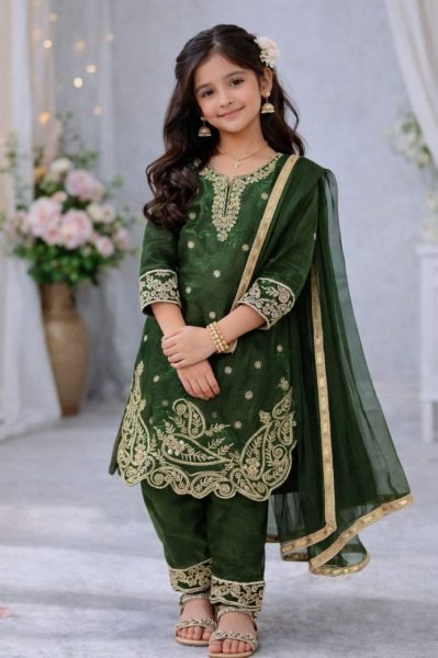 Effortless Green Latest Kids Ethnic Wear Collection for Eid and Festivals Girls Wear