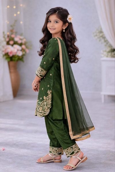 Effortless Green Latest Kids Ethnic Wear Collection for Eid and Festivals Girls Wear