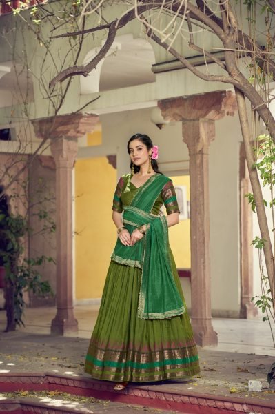 Effortless Green South Collection Lehenga Choli with Gota Patti Lace at Wholesale Rate Half Saree Lehenga