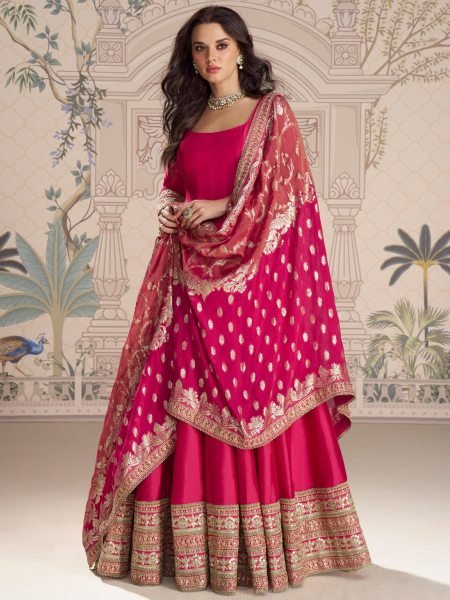 Effortless Hot Pink Heavy Vichitra Silk Floor Length Gown with Zari Coding Embroidery 