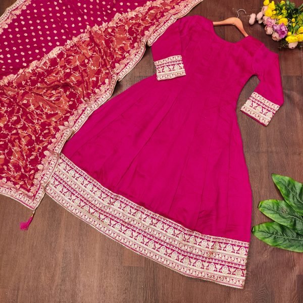 Effortless Hot Pink Heavy Vichitra Silk Floor Length Gown with Zari Coding Embroidery Anarakali Gown Wholesale