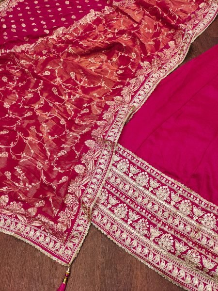 Effortless Hot Pink Heavy Vichitra Silk Floor Length Gown with Zari Coding Embroidery Anarakali Gown Wholesale