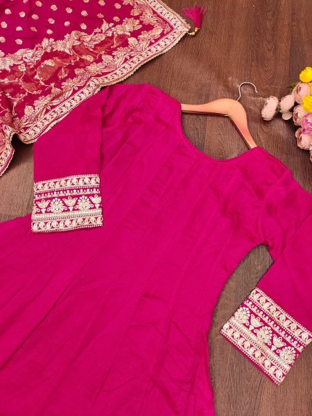 Effortless Hot Pink Heavy Vichitra Silk Floor Length Gown with Zari Coding Embroidery Anarakali Gown Wholesale