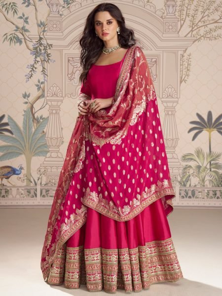 Effortless Hot Pink Heavy Vichitra Silk Floor Length Gown with Zari Coding Embroidery Anarakali Gown Wholesale