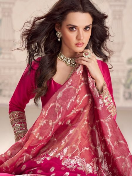 Effortless Hot Pink Heavy Vichitra Silk Floor Length Gown with Zari Coding Embroidery Anarakali Gown Wholesale