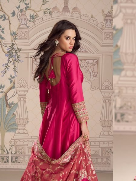 Effortless Hot Pink Heavy Vichitra Silk Floor Length Gown with Zari Coding Embroidery Anarakali Gown Wholesale