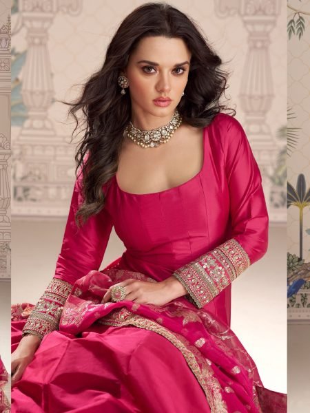 Effortless Hot Pink Heavy Vichitra Silk Floor Length Gown with Zari Coding Embroidery Anarakali Gown Wholesale