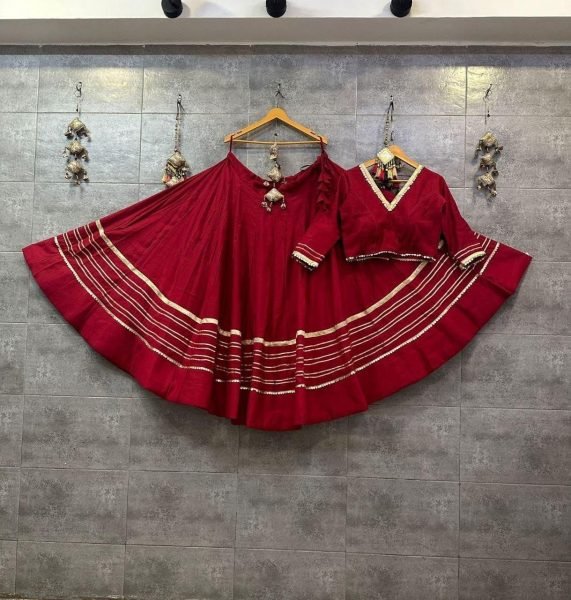 Effortless Maroon Heavy Rayon Cotton Lehenga Choli with Gotta Patti Lace for Navratri Navratri Lehnega Choli