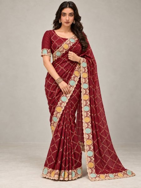 Effortless Maroon Soft Pure Shatin Chiffon Saree with Embroidery Cutwork Border Embroidery Sarees Wholesale