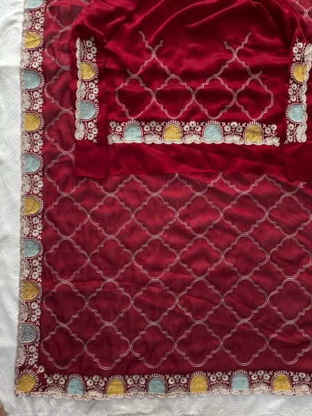 Effortless Maroon Soft Pure Shatin Chiffon Saree with Embroidery Cutwork Border Embroidery Sarees Wholesale