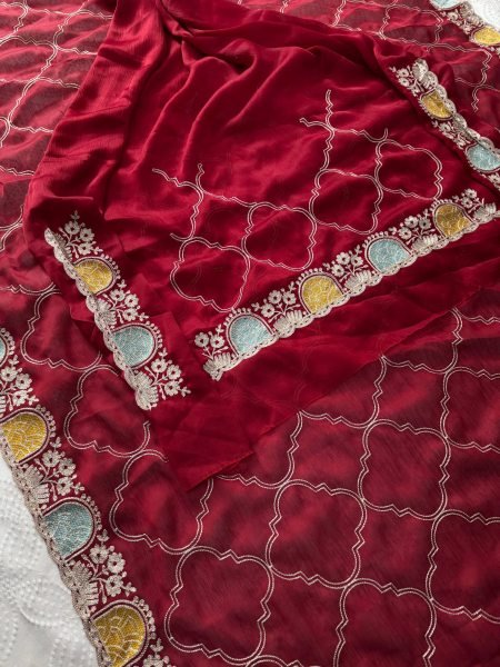 Effortless Maroon Soft Pure Shatin Chiffon Saree with Embroidery Cutwork Border Embroidery Sarees Wholesale