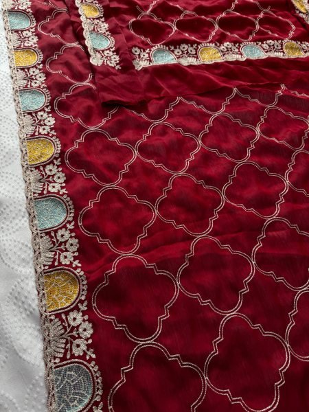 Effortless Maroon Soft Pure Shatin Chiffon Saree with Embroidery Cutwork Border Embroidery Sarees Wholesale