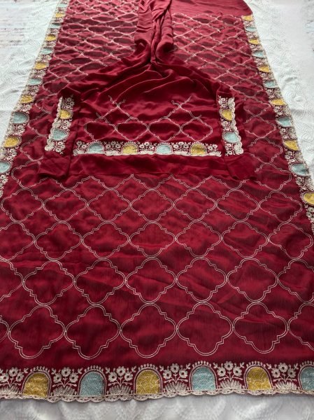 Effortless Maroon Soft Pure Shatin Chiffon Saree with Embroidery Cutwork Border Embroidery Sarees Wholesale