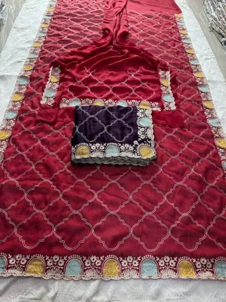 Effortless Maroon Soft Pure Shatin Chiffon Saree with Embroidery Cutwork Border Embroidery Sarees Wholesale