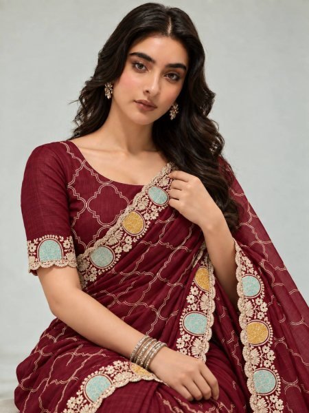 Effortless Maroon Soft Pure Shatin Chiffon Saree with Embroidery Cutwork Border Embroidery Sarees Wholesale