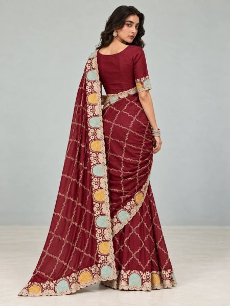 Effortless Maroon Soft Pure Shatin Chiffon Saree with Embroidery Cutwork Border Embroidery Sarees Wholesale