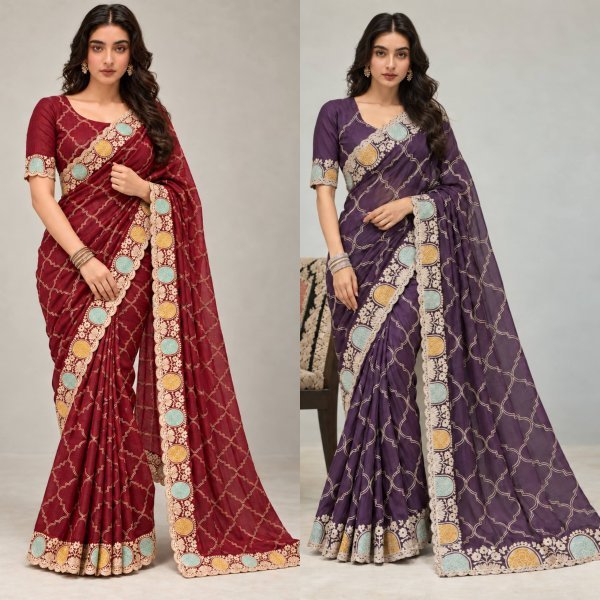 Effortless Maroon Soft Pure Shatin Chiffon Saree with Embroidery Cutwork Border Embroidery Sarees Wholesale