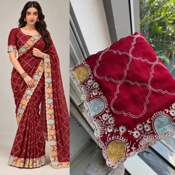 Effortless Maroon Soft Pure Shatin Chiffon Saree with Embroidery Cutwork Border Embroidery Sarees Wholesale