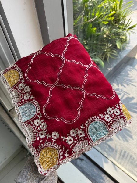 Effortless Maroon Soft Pure Shatin Chiffon Saree with Embroidery Cutwork Border Embroidery Sarees Wholesale