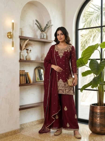 Effortless Maroon Stylish Palazzo Suit with Nazmeen Dupatta Ready To Wear Suit