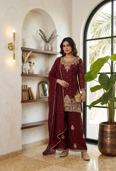 Effortless Maroon Stylish Palazzo Suit with Nazmeen Dupatta Ready To Wear Collection