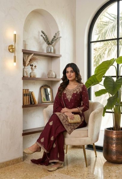 Effortless Maroon Stylish Palazzo Suit with Nazmeen Dupatta Ready To Wear Collection