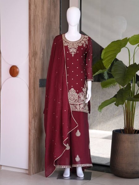 Effortless Maroon Stylish Palazzo Suit with Nazmeen Dupatta Ready To Wear Collection