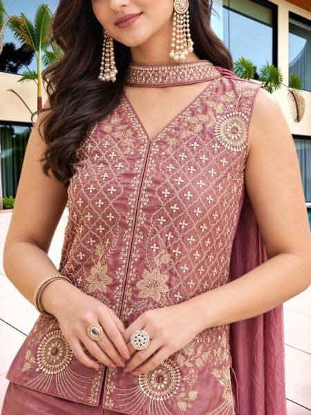 Effortless Mauve Designer Fendy Satin Embroidered Top Bottom Dupatta Set at Wholesale Rate 3 Piece Kurti Set