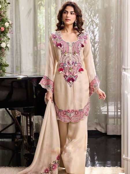 Effortless Off White Georgette Farshi Suit With Dupatta Using Thread Work  Ready To Wear Suit
