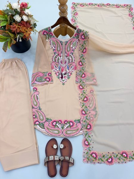 Effortless Cream Georgette Farshi Suit With Dupatta Using Thread Work  Ready To Wear Collection