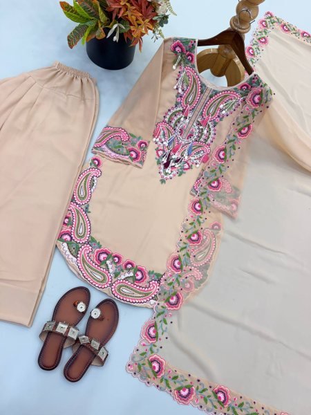Effortless Cream Georgette Farshi Suit With Dupatta Using Thread Work  Ready To Wear Collection