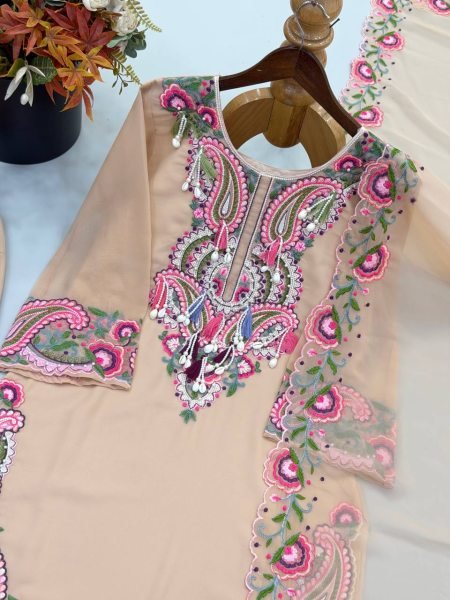Effortless Cream Georgette Farshi Suit With Dupatta Using Thread Work  Ready To Wear Collection