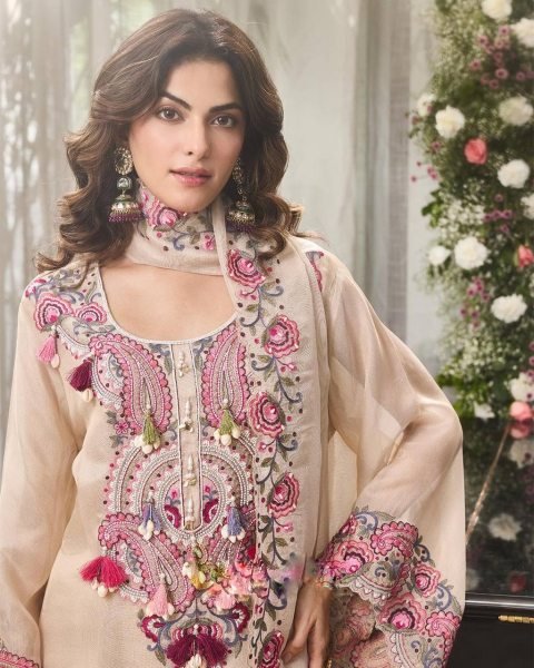Effortless Cream Georgette Farshi Suit With Dupatta Using Thread Work  Ready To Wear Collection