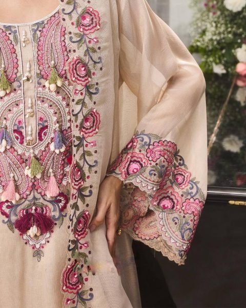 Effortless Cream Georgette Farshi Suit With Dupatta Using Thread Work  Ready To Wear Collection