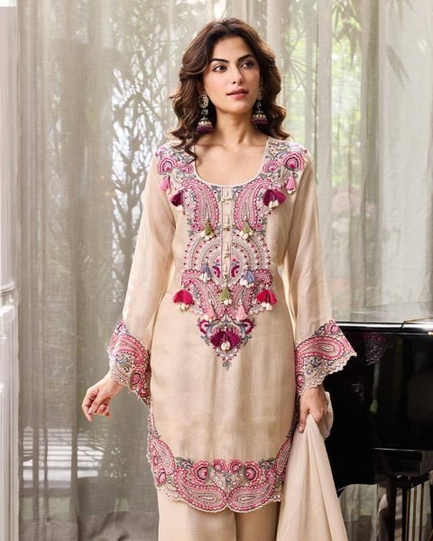 Effortless Cream Georgette Farshi Suit With Dupatta Using Thread Work  Ready To Wear Collection