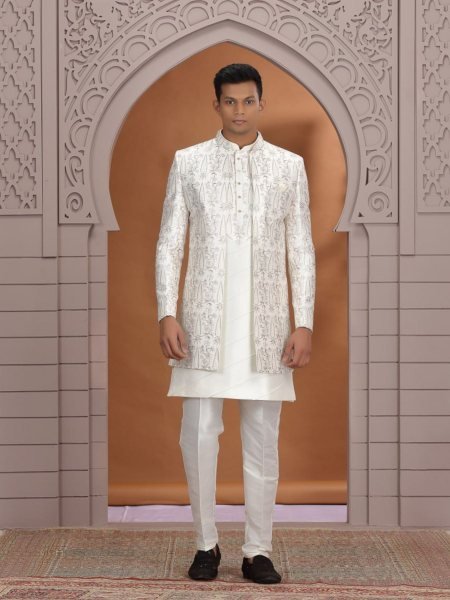 Effortless Off White Premium Festive Kurta Set in Art Silk with Embroidery Detail Mens Wear