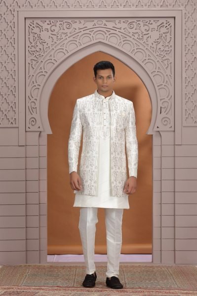 Effortless Off White Premium Festive Kurta Set in Art Silk with Embroidery Detail Kurta Pajama Wholesale