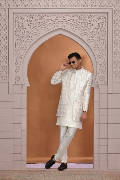 Effortless Off White Premium Festive Kurta Set in Art Silk with Embroidery Detail Kurta Pajama Wholesale
