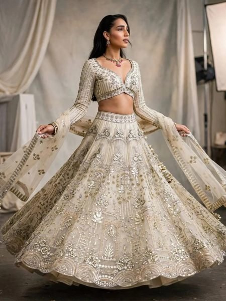 Effortless OffWhite Wedding Wear Soft Net Lehenga with Coding Sequin Embroidery 