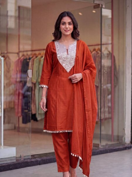 Effortless Orange Comfortable Silk Suit Set with Elastic Bottom Kurtis