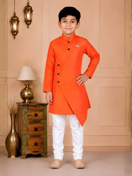 Effortless Orange Comfortable Cotton Kurta Pant Set for Kids Boys Mens Wear