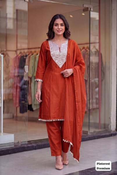 Effortless Orange Comfortable Silk Suit Set with Elastic Bottom Embroidery Kurtis 