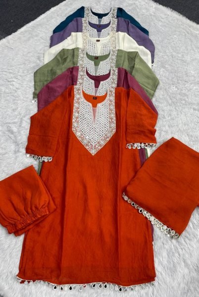 Effortless Orange Comfortable Silk Suit Set with Elastic Bottom Embroidery Kurtis 