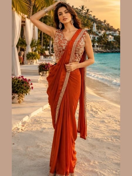Effortless Orange Designer Armani Satin Saree with Embellished Beads Work at Wholesale Rate Sarees 