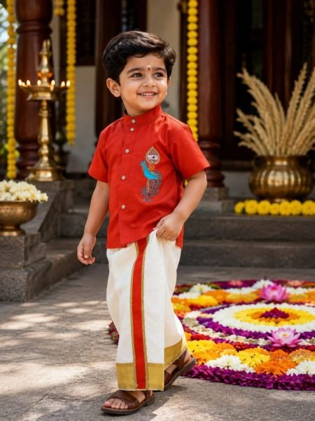 Effortless Orange Onam Wear Kids Shirt Mundu Set with Maggam Work For Bulk Order 