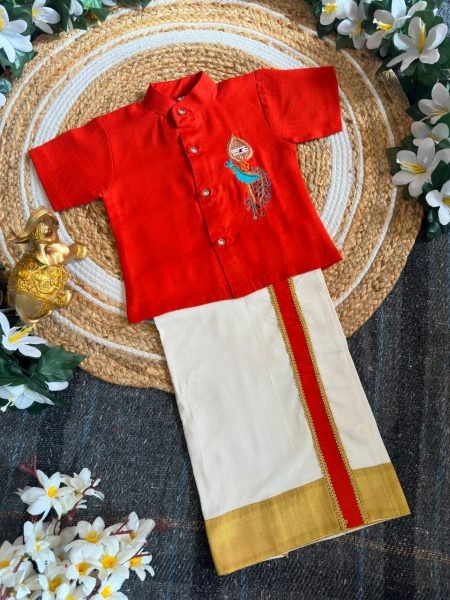 Effortless Orange Onam Wear Kids Shirt Mundu Set with Maggam Work For Bulk Order Boys Wear