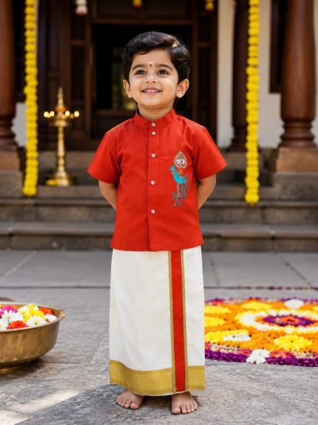 Effortless Orange Onam Wear Kids Shirt Mundu Set with Maggam Work For Bulk Order Boys Wear