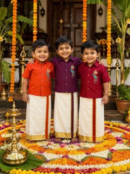 Effortless Orange Onam Wear Kids Shirt Mundu Set with Maggam Work For Bulk Order Boys Wear