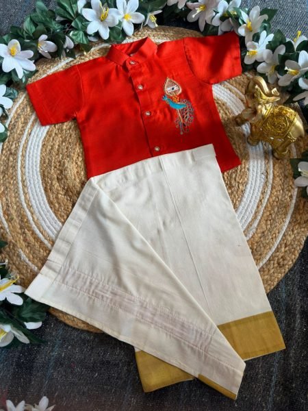 Effortless Orange Onam Wear Kids Shirt Mundu Set with Maggam Work For Bulk Order Boys Wear